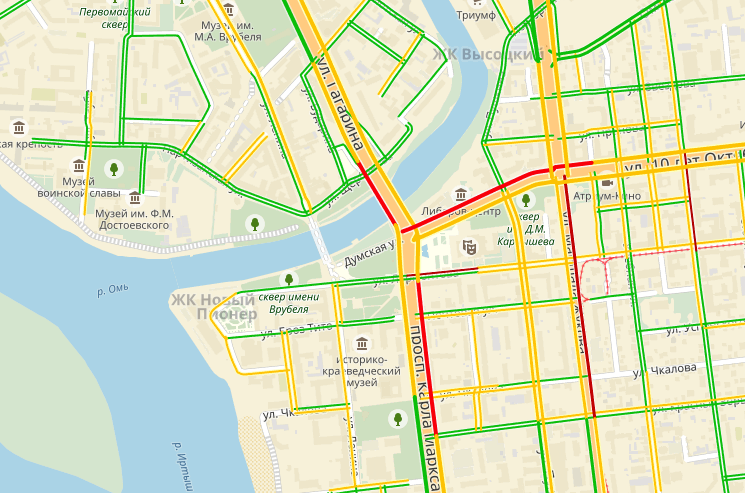 Дорожная ситуация в центре Омска вечером 26 октября 2017 года