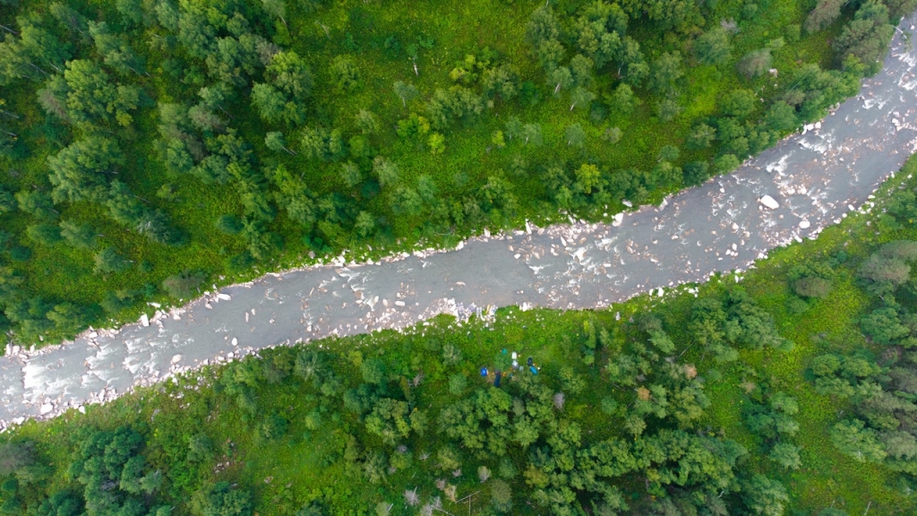 Наш лагерь в лесу после утомительного дня каменного слалома.