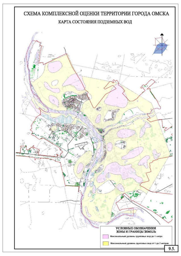 Проблема высокого уровня подземных вод очевидна — практически вся территория Омска на правом берегу Иртыша подтоплена (карта с сайта администрации города Омска, материалы Генерального плана).